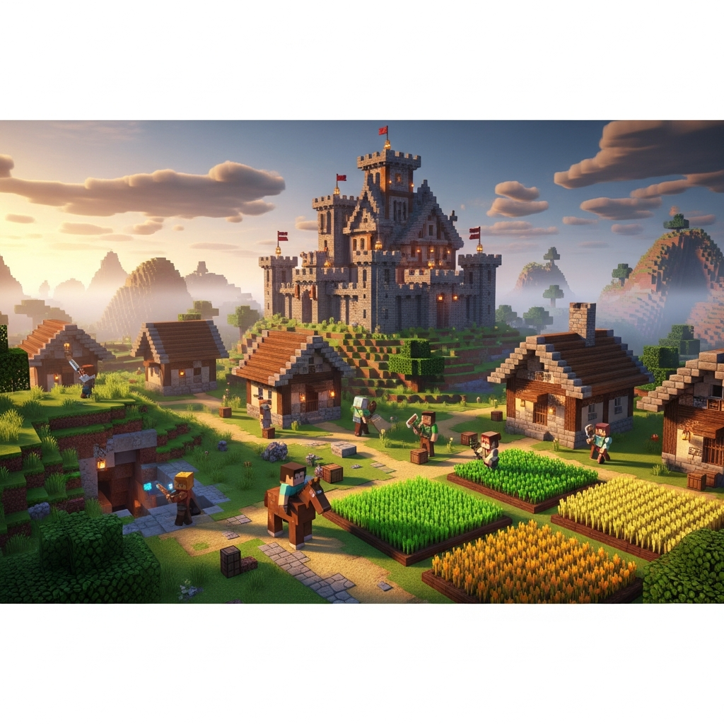 Minecraft survival server landscape at golden hour with medieval castle built by players, surrounding village with farms and pathways, multiple player characters visible working together, cinematic wide-angle shot with realistic lighting and atmospheric fog