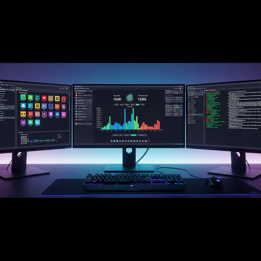 Modern Minecraft server control panel interface on multiple monitors, detailed server statistics graphs showing TPS and player count, plugin management dashboard with colorful icons, professional gaming setup in dim room with RGB lighting, photorealistic, high-tech atmosphere