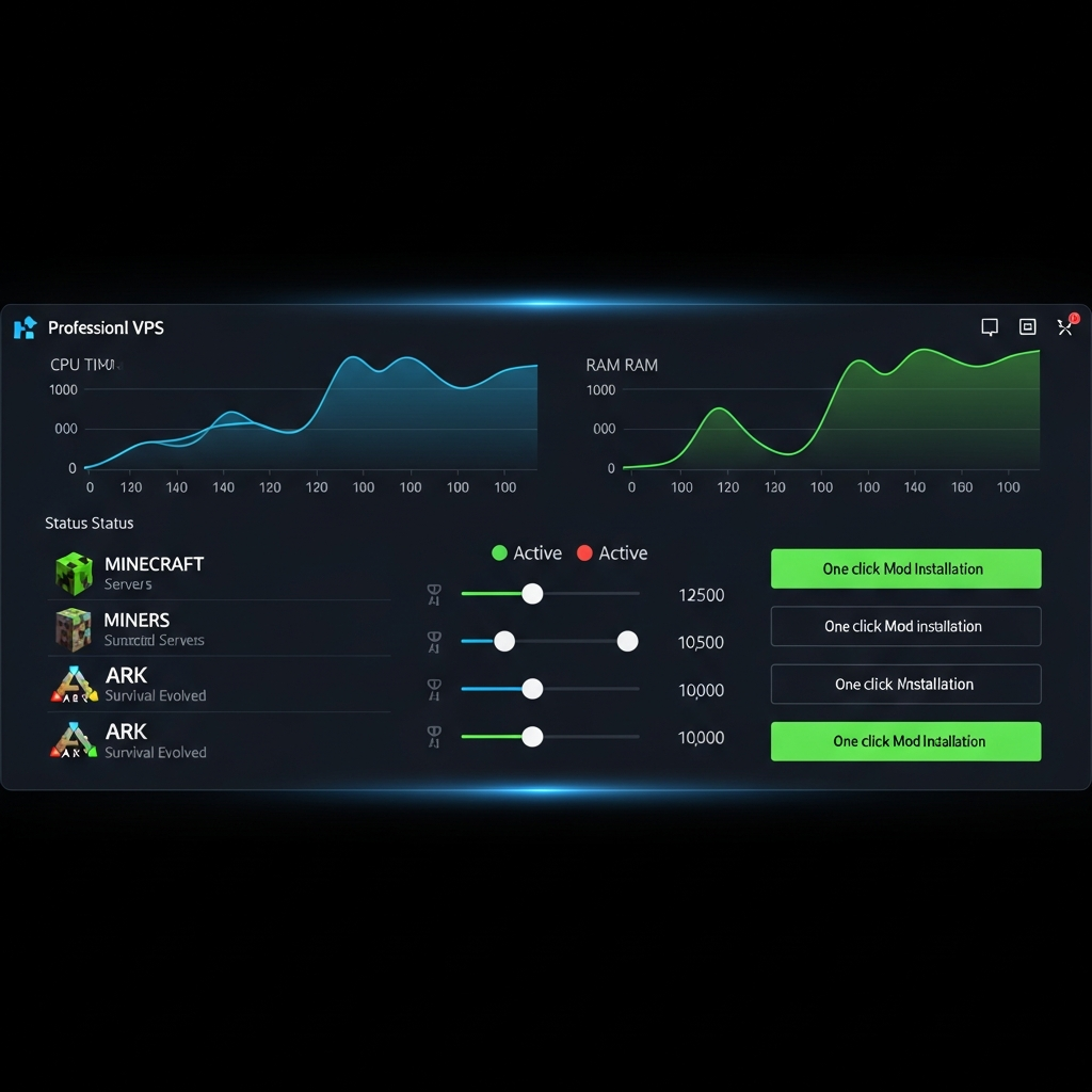 Modern control panel interface showing VPS management dashboard with real-time CPU/RAM graphs, game server status indicators for multiple titles including Minecraft and ARK, resource allocation sliders, and one-click mod installation buttons, professional dark theme UI
