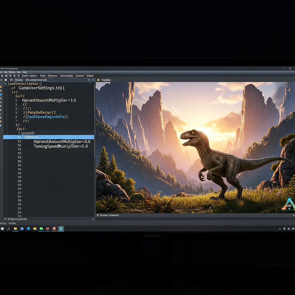 Nahaufnahme eines Bildschirms mit geöffneter GameUserSettings.ini-Datei in einem Code-Editor, klar lesbare Zeilen mit HarvestAmountMultiplier und TamingSpeedMultiplier, daneben ein geöffnetes ARK-Spiel-Fenster mit einem frisch gezähmten Raptor vor einer epischen Landschaft, warme Abendstimmung im Spiel