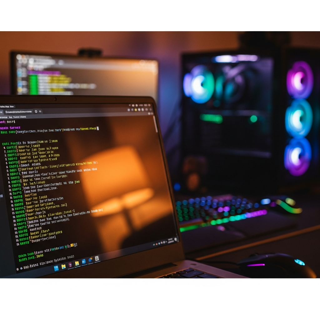 Nahaufnahme eines Laptop-Bildschirms, der ein geöffnetes Terminal-Fenster zeigt. Darin läuft ein Minecraft-Server mit bunten Logausgaben in grün, gelb und weiß. Im Hintergrund verschwommen ein moderner Gaming-Setup mit RGB-Beleuchtung. Realistische Reflexionen auf dem Display, warmes Umgebungslicht.