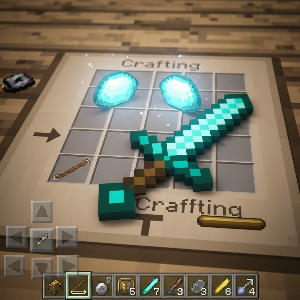 Nahaufnahme eines fertig gefertigten Diamantschwerts in einer Minecraft-Werkbank, mit leuchtenden Diamanten in den oberen zwei Slots und einem Holzstock im unteren Slot, umgeben von einer realistischen Crafting-Oberfläche und Inventar-Icons