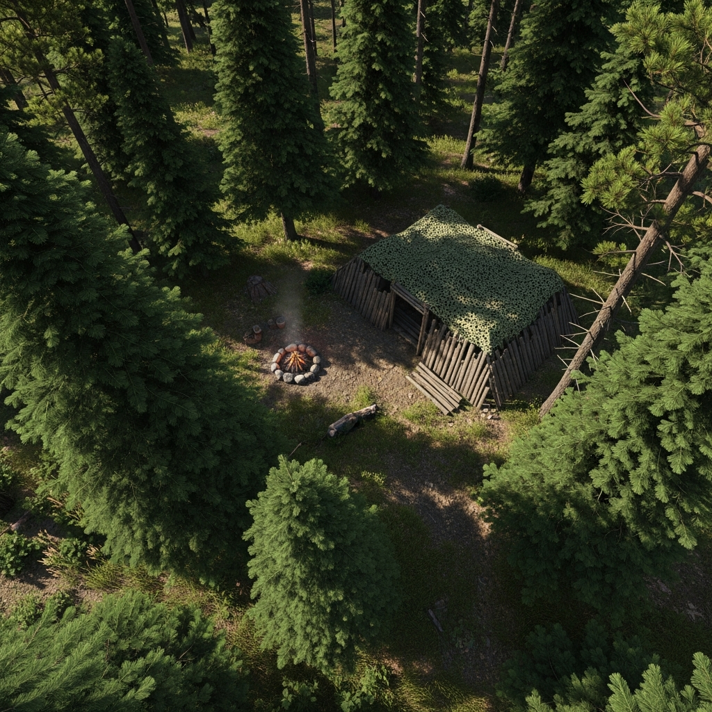 Overhead view of a dense forest clearing in DayZ with a well-hidden improvised shelter made of wooden planks and camo netting, a small campfire circle nearby, surrounded by tall pine trees
