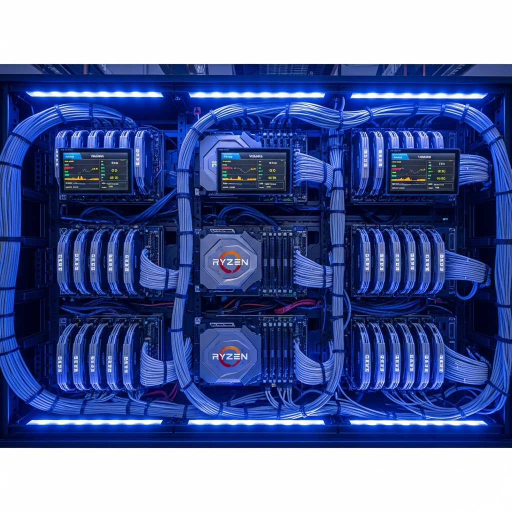 Overhead view of a professional server rack in a modern data center with blue LED lighting, showing rows of high-performance gaming servers with visible AMD Ryzen processors and DDR5 RAM modules, cables neatly organized, monitoring screens displaying Valheim server statistics
