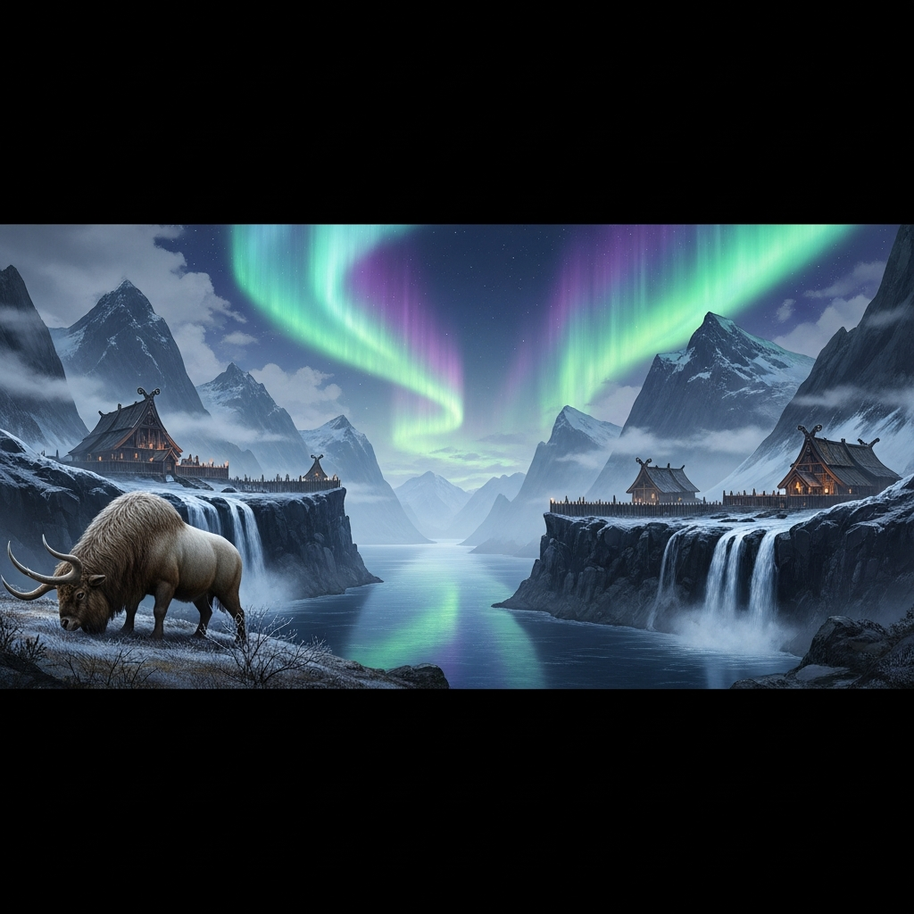 Paisaje nórdico de Fjordur con fiordos profundos, auroras boreales sobre montañas nevadas, bases vikingas de madera junto a cascadas heladas y un Andrewsarchus pastando en primer plano, iluminación volumétrica realista