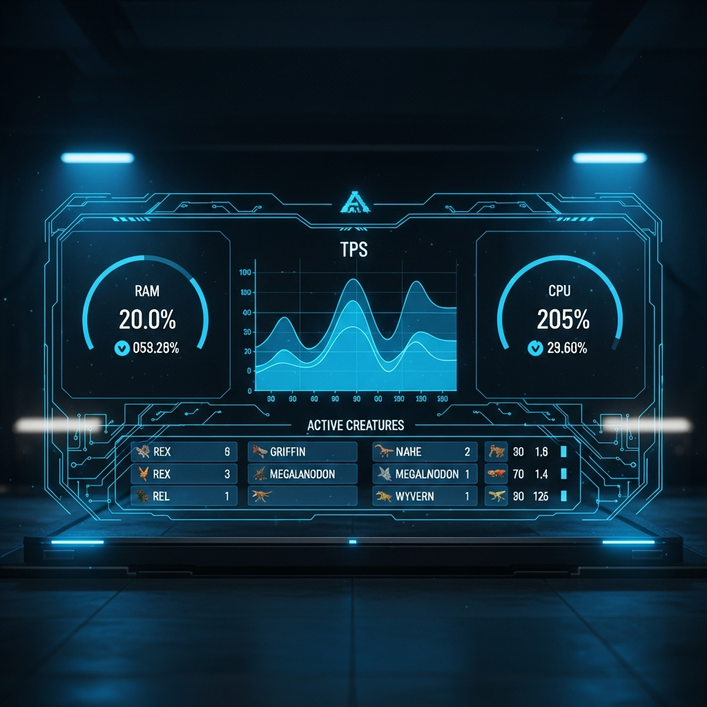 Panel de control futurista mostrando gráficos en tiempo real de TPS del servidor ARK, con métricas de RAM, CPU y lista de criaturas activas, en un diseño holográfico azul neón sobre fondo oscuro
