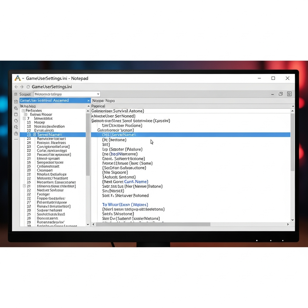Pantalla del bloc de notas de Windows mostrando el archivo GameUserSettings.ini de ARK Survival Ascended con configuraciones resaltadas, líneas de código visibles, cursor parpadeante en la línea de ServerName, ventana maximizada en monitor 4K, con reflejos sutiles en la pantalla