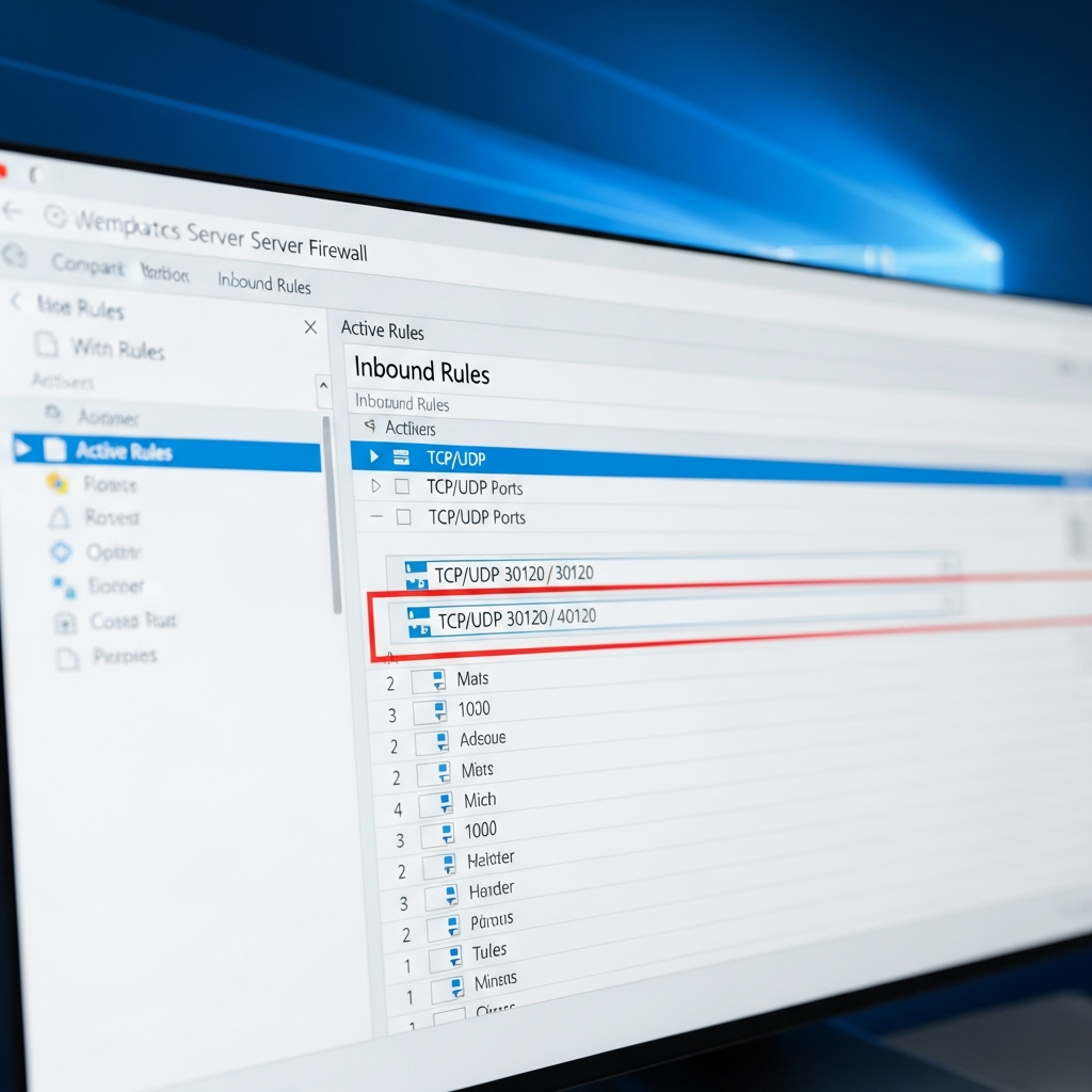 Pantalla del firewall de Windows Server con reglas de entrada configuradas para puertos 30120 y 40120, interfaz moderna con listado de reglas activas, fondo azul corporativo de Windows, vista detallada de configuración de puertos TCP/UDP