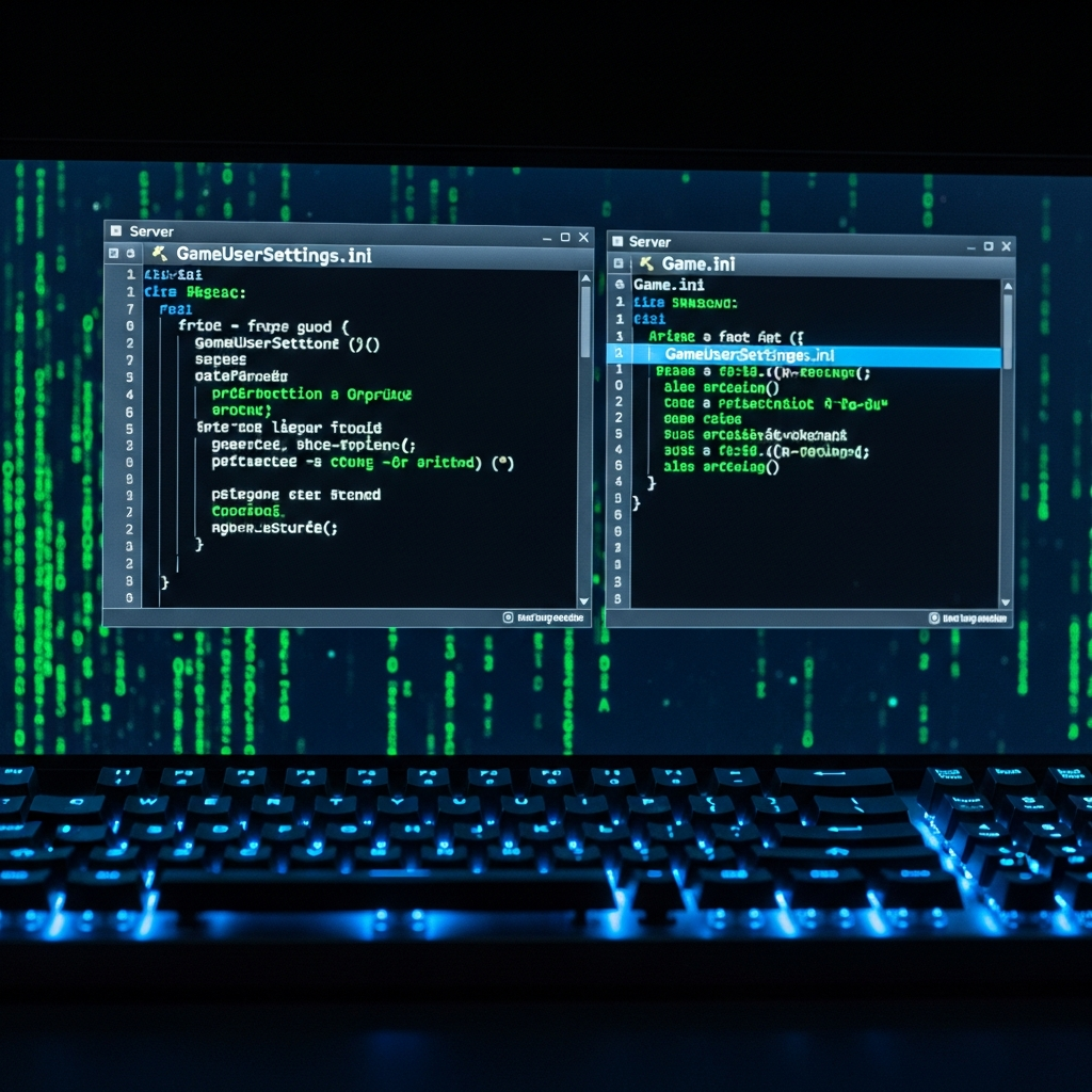 Pantalla de terminal de servidor mostrando código de configuración de ARK Survival Ascended con sintaxis resaltada en colores verde y azul, archivos GameUserSettings.ini y Game.ini abiertos en editor de texto profesional, fondo oscuro estilo matriz, reflejos de luz azul en teclado mecánico gaming