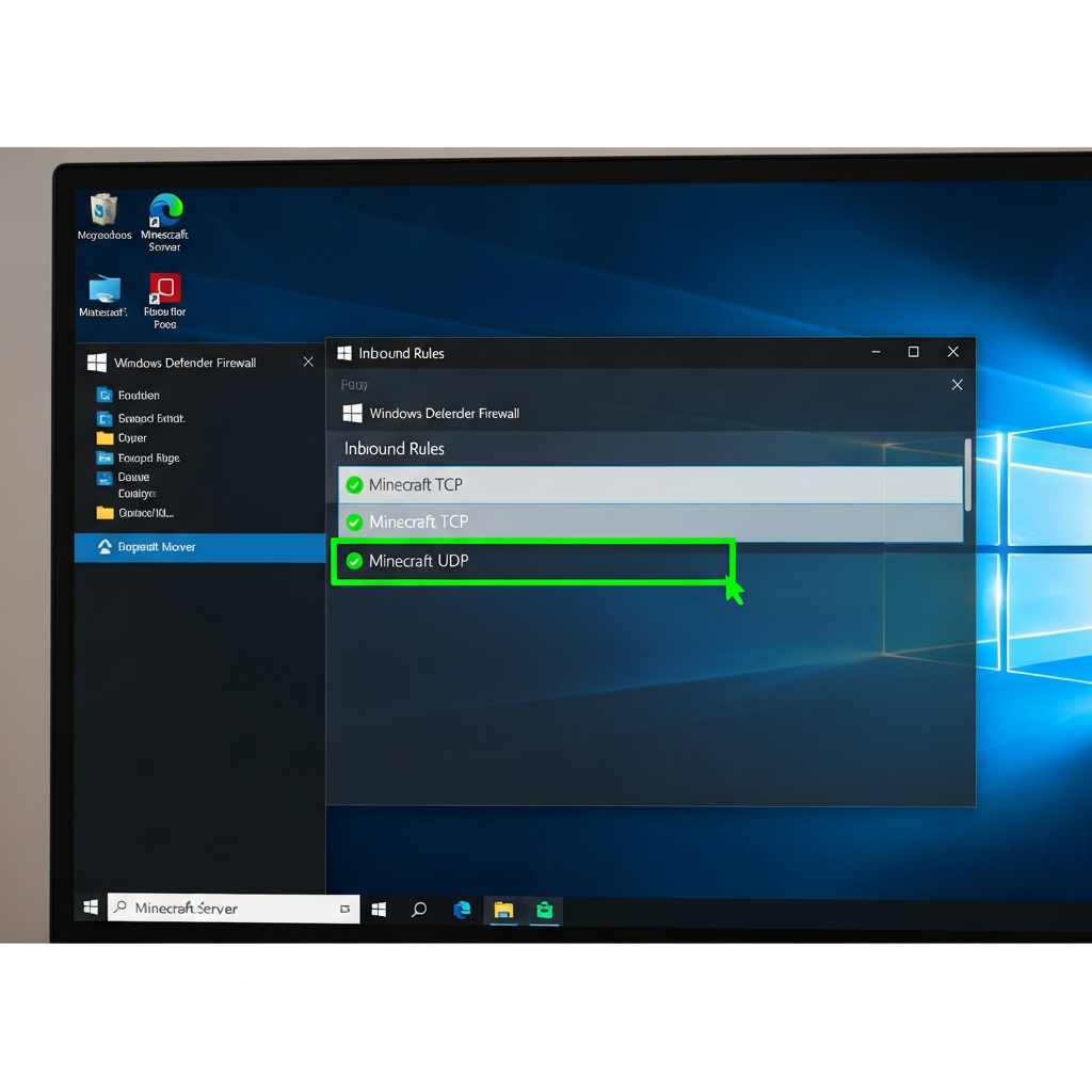 Photo photoréaliste d'un écran d'ordinateur affichant la fenêtre du Pare-feu Windows Defender avec la liste des règles de trafic entrant, mettant en évidence deux règles nommées "Minecraft TCP" et "Minecraft UDP" avec des coches vertes, arrière-plan flou montrant le bureau Windows et l'icône du dossier MinecraftServer