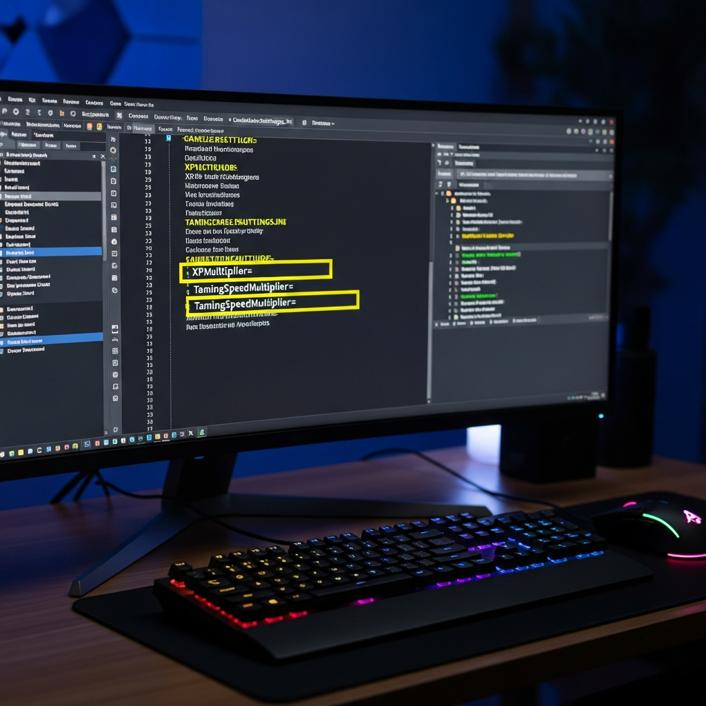 Photo photoréaliste d'un écran d'ordinateur affichant le fichier GameUserSettings.ini ouvert dans Notepad++ avec des lignes de configuration ARK surlignées en jaune (XPMultiplier, TamingSpeedMultiplier), clavier gaming RGB et souris visibles au premier plan, environnement de bureau gamer tamisé