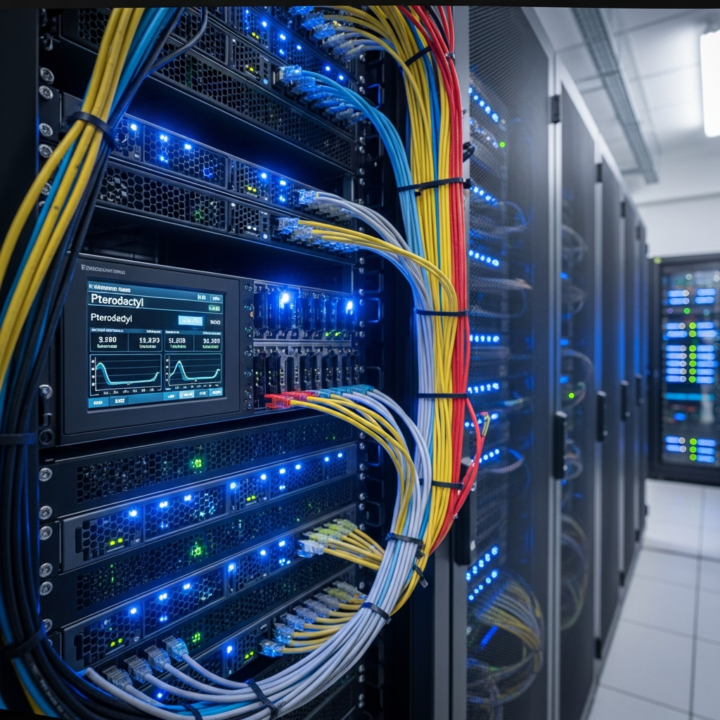 Photo photoréaliste d'un serveur rack monté en datacenter avec LEDs bleues, câbles réseau Ethernet organisés, et écran LCD affichant des métriques Pterodactyl en temps réel (CPU, RAM, bande passante)