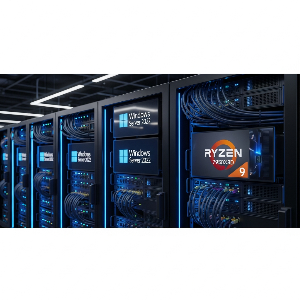 Photorealistic 3D render of a modern server rack with glowing blue LED indicators, multiple Windows Server 2022 logos on screen displays, Ryzen 9 7950X3D processor badge visible, cables neatly organized, dark data center background with subtle ambient lighting