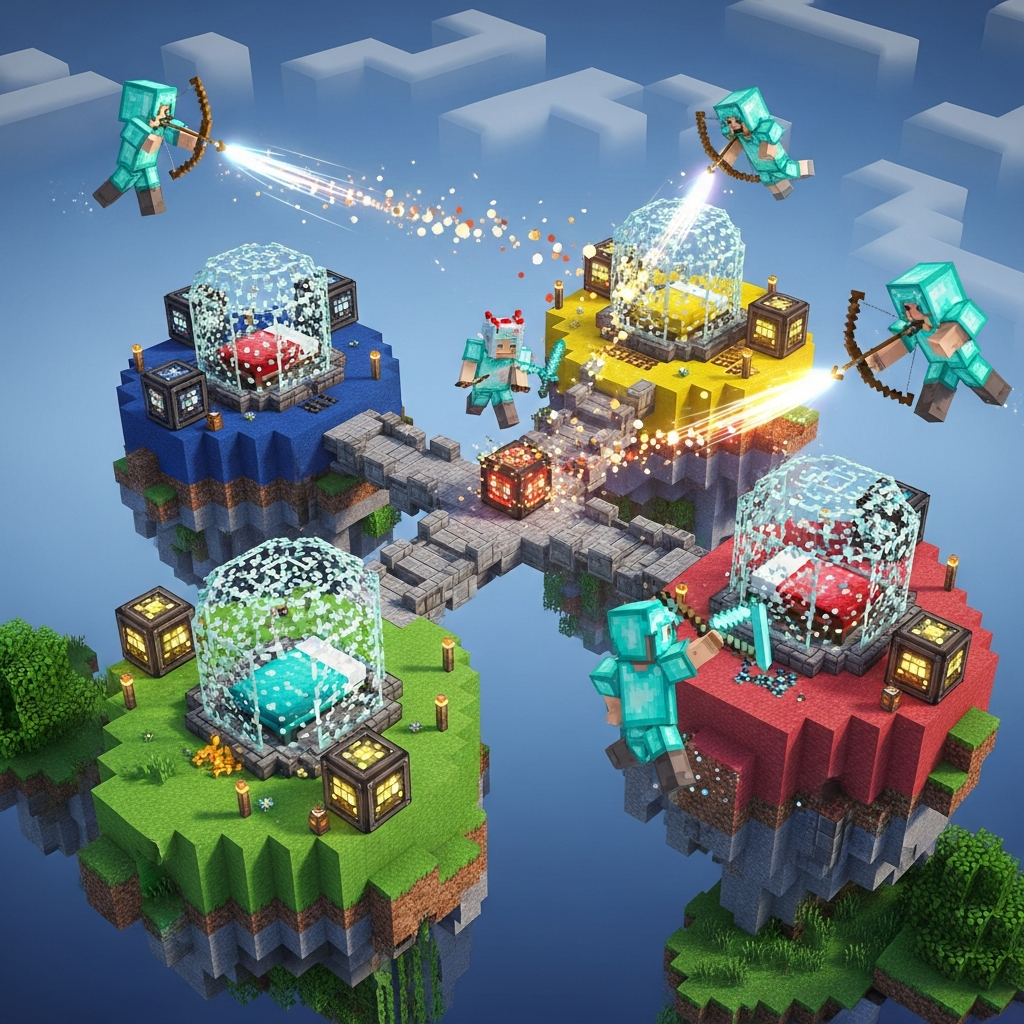 Photorealistic aerial view of a Minecraft Bed Wars arena with four colorful islands, protective glass domes over beds, iron and gold generators, and players in diamond armor engaged in mid-air PvP combat with bows and swords, rendered in high-definition with dynamic lighting and particle effects