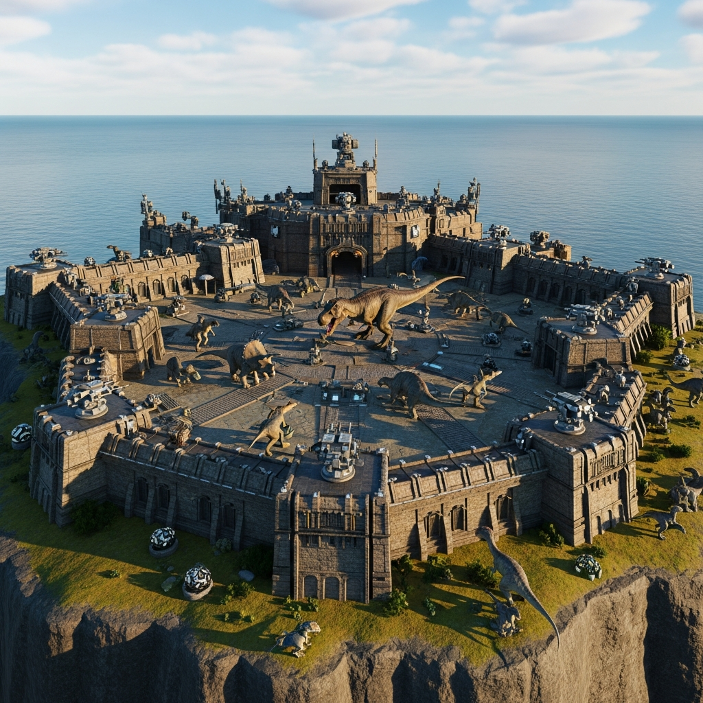 Photorealistic aerial view of a fortified stone base built on a cliff edge in ARK Survival Ascended, surrounded by defensive walls, turrets, and tamed dinosaurs patrolling the perimeter, with metal nodes visible nearby and ocean in the background