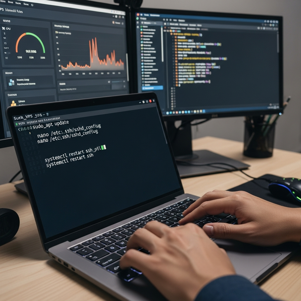 Photorealistic close-up of a developer's hands typing SSH commands on a laptop keyboard, with a terminal window displaying Linux VPS configuration commands, modern office desk with dual monitors showing system metrics and firewall rules in the background