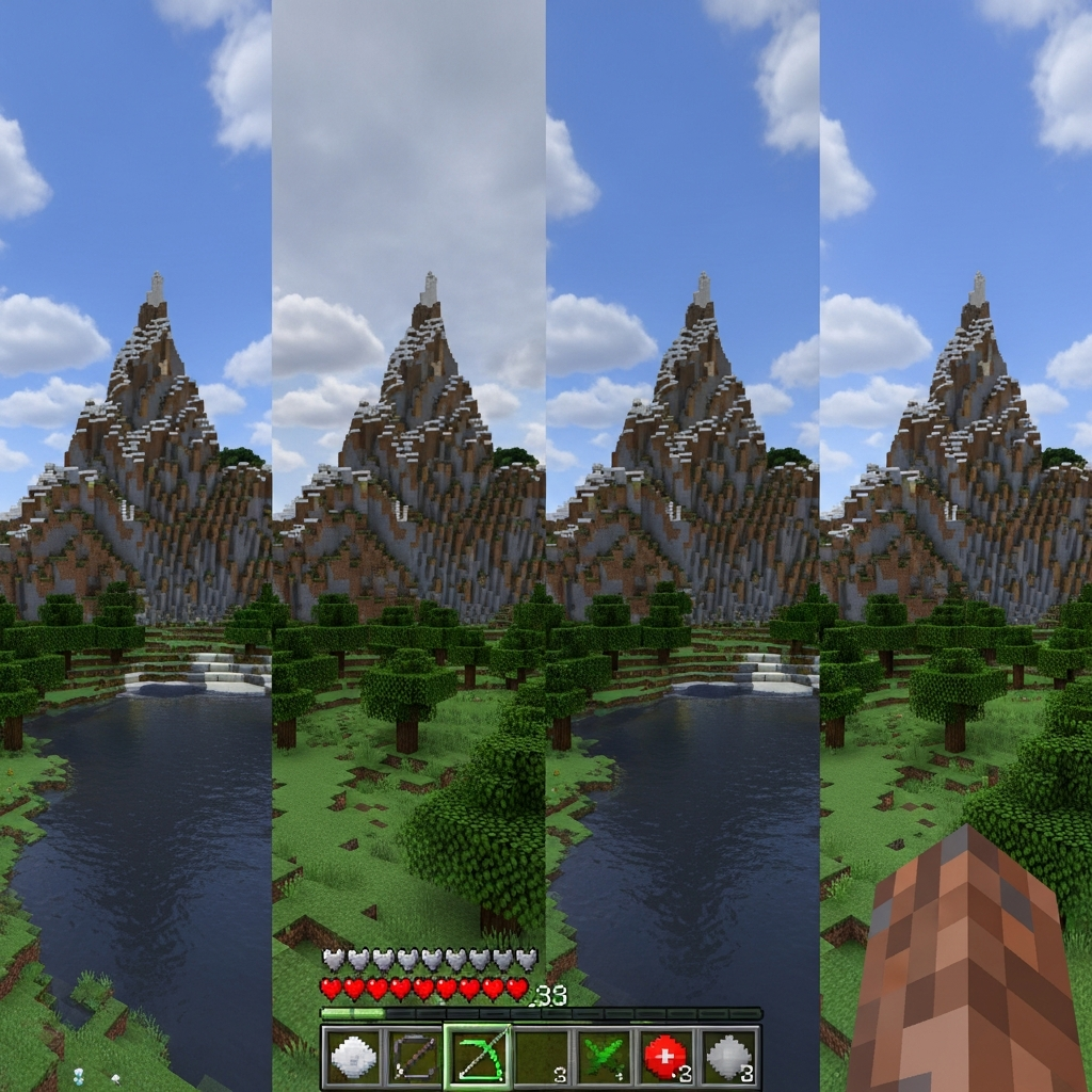 Photorealistic comparison showing four Minecraft screenshots side by side, displaying the same mountain landscape rendered in 16x16 vanilla textures, 64x64 enhanced textures, 256x256 realistic textures, and 512x512 ultra-HD textures with visible lighting and material differences