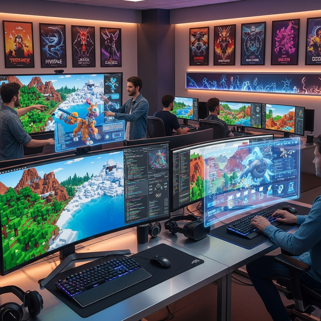 Photorealistic digital illustration of a futuristic game development studio with large monitors displaying Hytale's colorful voxel landscapes, developers collaborating around holographic interfaces showing code and 3D models, warm ambient lighting, modern office environment with gaming posters on walls