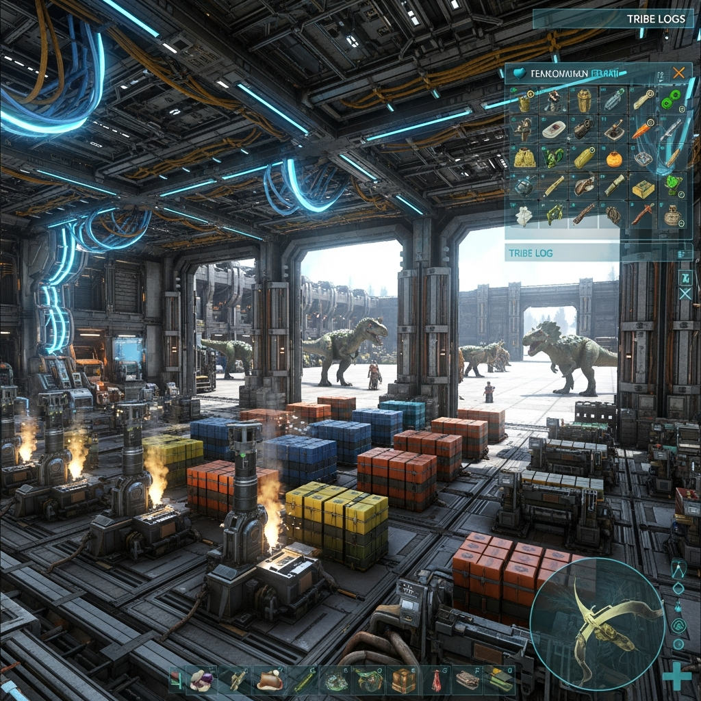 Photorealistic first-person view inside a massive metal and tek base in ARK Survival Ascended, showing industrial forges, fabricators, storage boxes organized by color codes, and tamed dinosaurs visible through large metal gates, with HUD elements displaying inventory and tribe logs