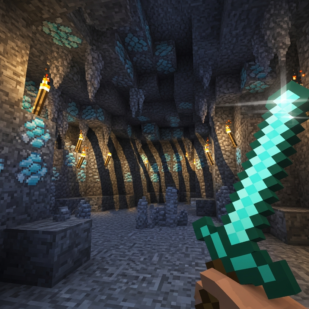 Photorealistic first-person view of a Minecraft player holding a gleaming diamond sword in an underground cave, surrounded by diamond ore blocks with torchlight casting dramatic shadows on stone walls
