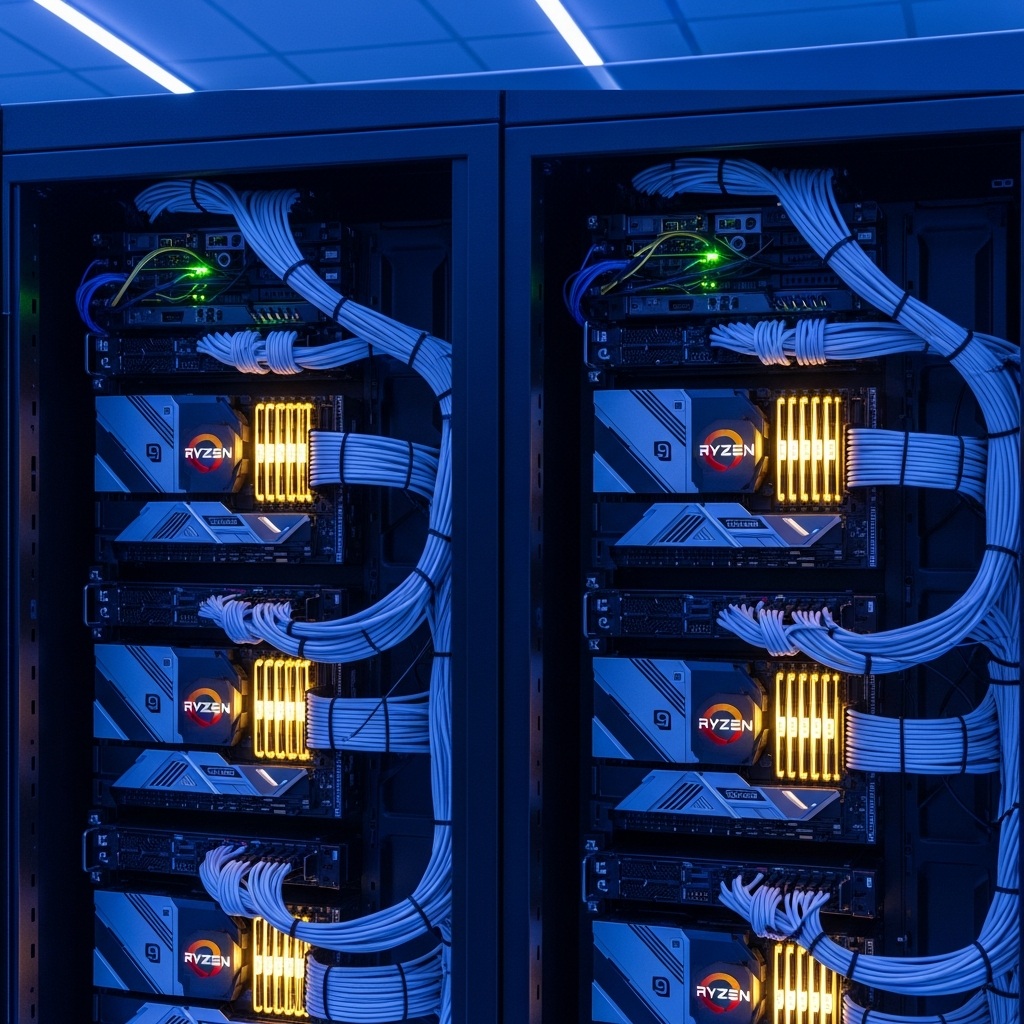 Photorealistic render of a high-performance gaming server rack showcasing AMD Ryzen 9 processors with illuminated DDR5 RAM modules and glowing NVMe SSDs, cables neatly organized, in a modern data center environment with blue accent lighting