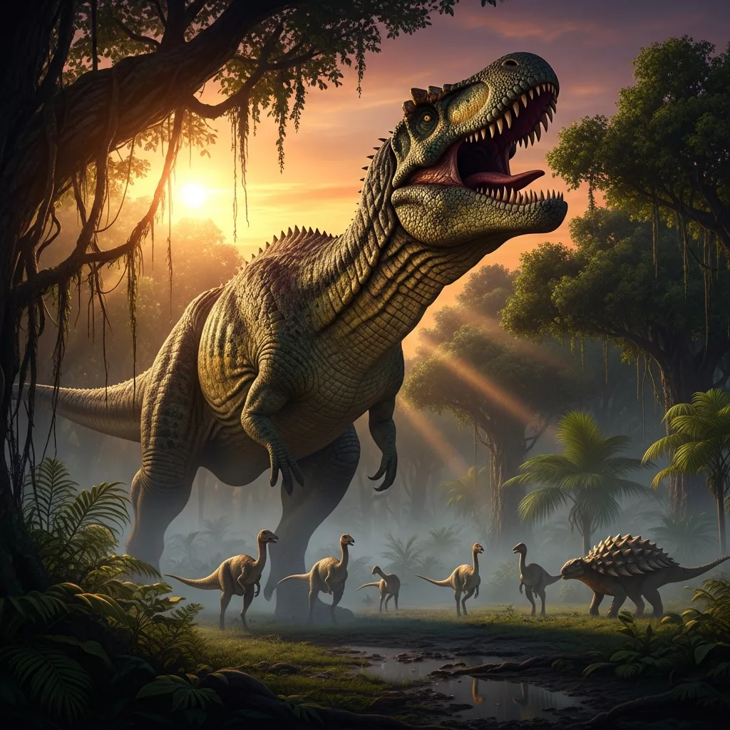 Photorealistic scene of a massive Giganotosaurus roaring in a dense jungle clearing at sunset, towering over smaller dinosaurs, with detailed scales, sharp teeth, and dramatic lighting highlighting its imposing presence