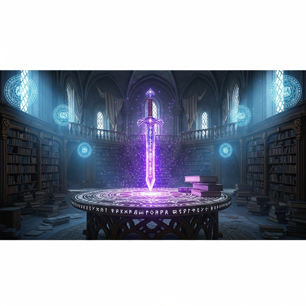 Photorealistic scene of an enchanted diamond sword glowing with purple magical particles hovering above an enchanting table surrounded by bookshelves in a mystical library room with ambient blue and purple lighting