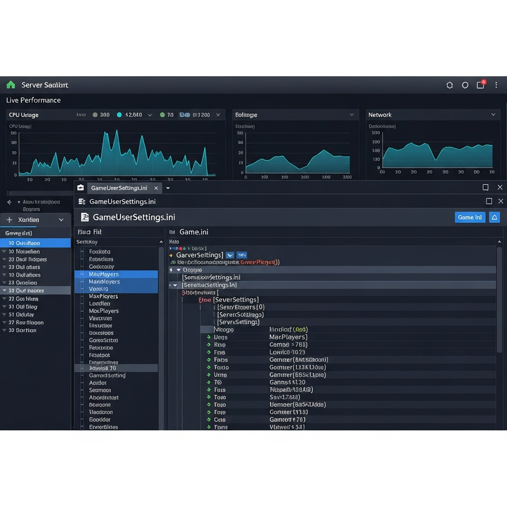 Photorealistic screenshot of a server configuration panel showing INI file editing interface with syntax-highlighted code, multiple tabs open displaying GameUserSettings.ini and Game.ini files, professional admin dashboard with performance graphs in background