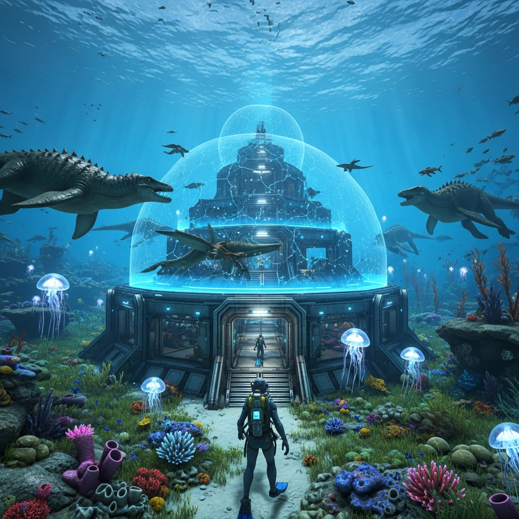 Photorealistic underwater base in ARK Survival Ascended built with tek structures, glowing blue force fields, surrounded by tamed Mosasaurus and Basilosaurus, with coral reefs and bioluminescent creatures visible in the deep ocean environment, showing player in scuba gear approaching the entrance