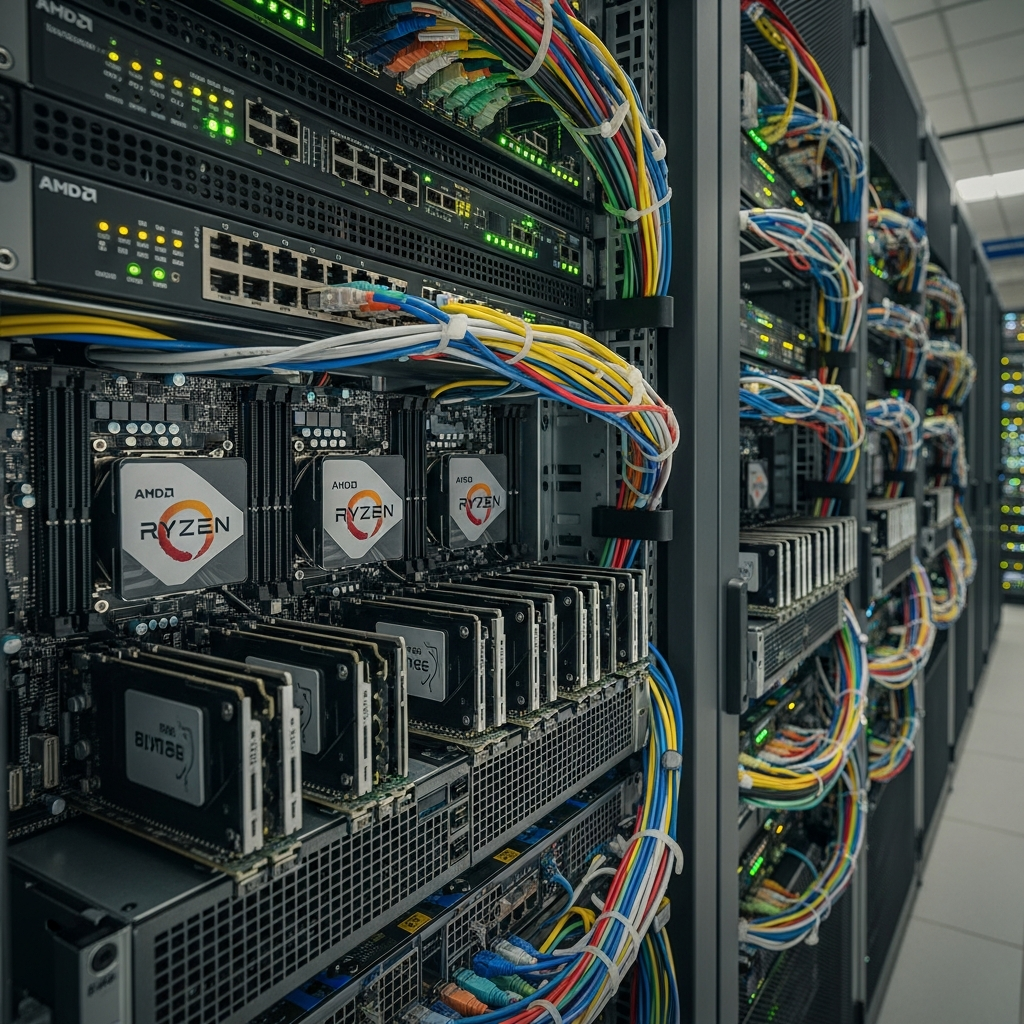Photorealistic view of a modern server rack in a data center showing AMD Ryzen processors and DDR5 RAM modules, with network cables and LED indicators, professional lighting highlighting the hardware components