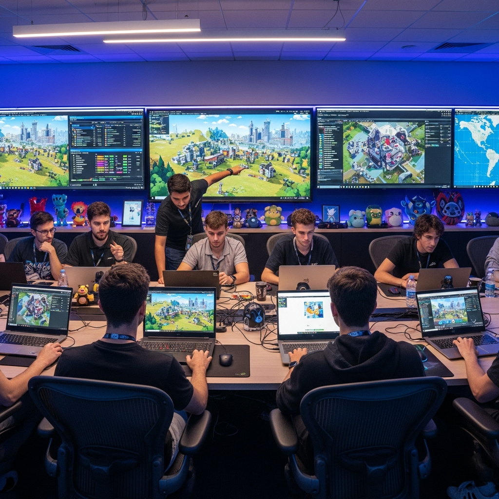 Photorealistic wide-angle shot of a vibrant gaming community event, multiple monitors displaying Hytale content and server statistics, diverse group of gamers collaborating around a large table with laptops and gaming peripherals, energetic atmosphere with LED lighting and gaming decorations, professional conference room setting
