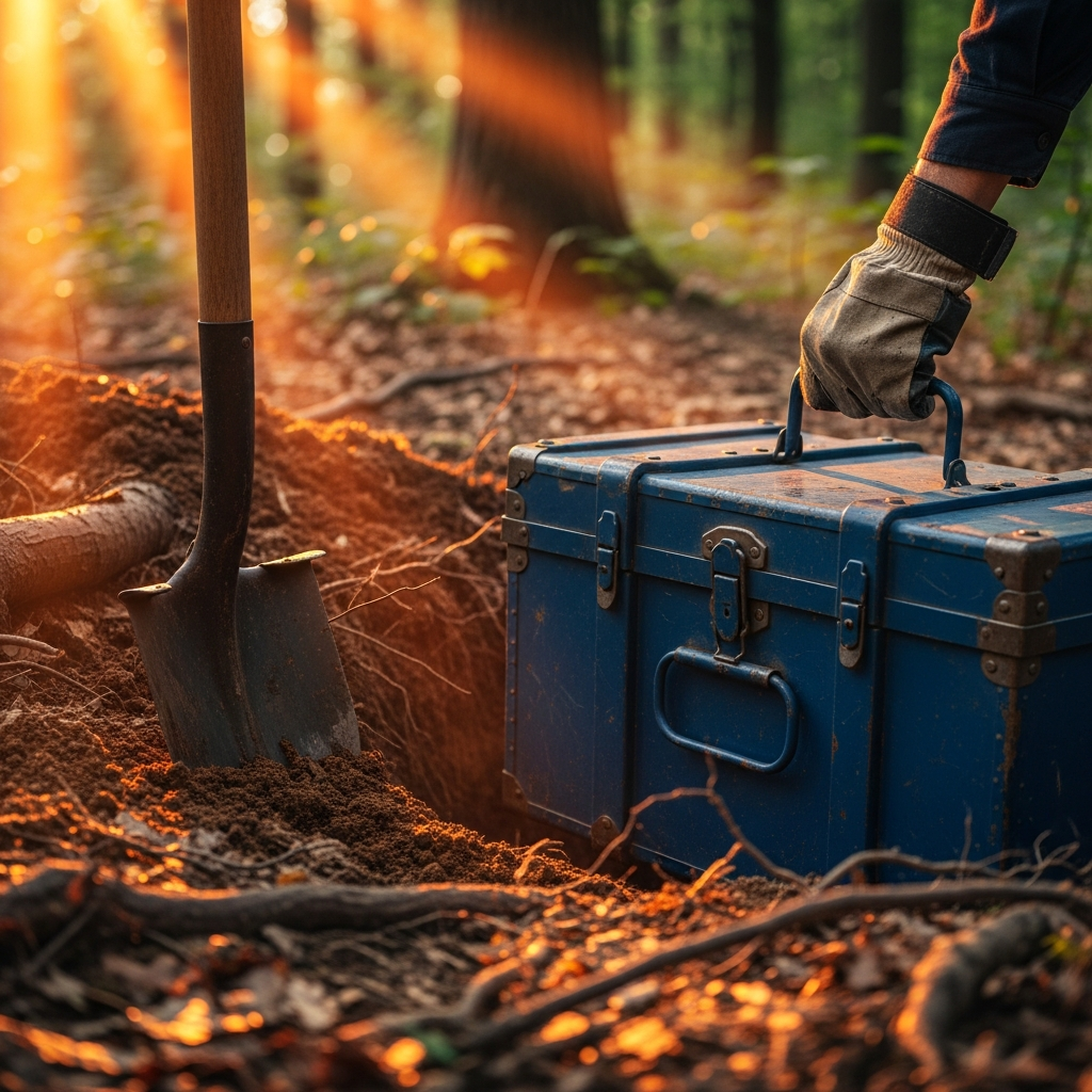 Plan rapproché photoréaliste d'une main gantée de survivant positionnant soigneusement un coffre maritime en métal bleu dans un trou fraîchement creusé en forêt, pelle plantée dans la terre meuble à proximité, racines d'arbres visibles, ambiance crépusculaire avec rayons de lumière orange traversant les feuillages