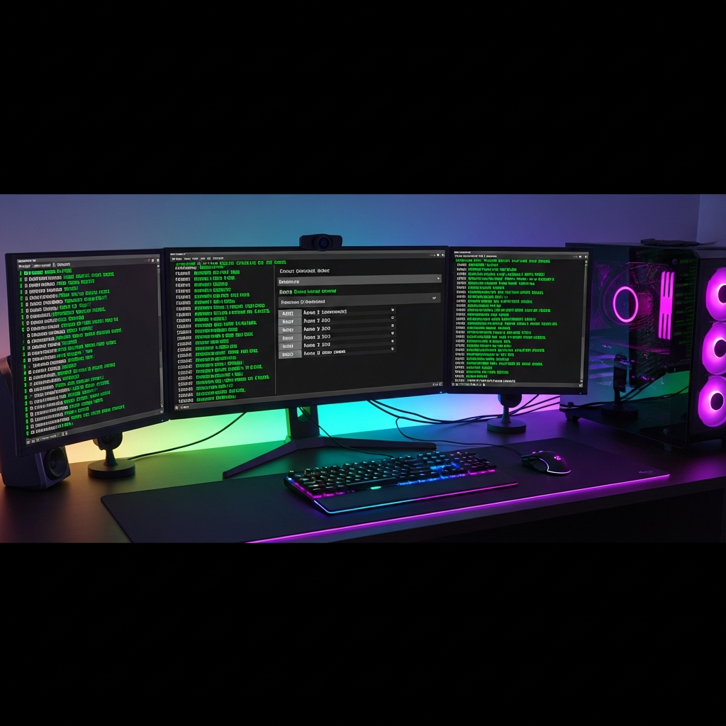 Professional Minecraft Bedrock server console interface showing command input with green text feedback and permission level indicators, modern gaming setup with RGB lighting, ultra-detailed 4K photorealistic rendering