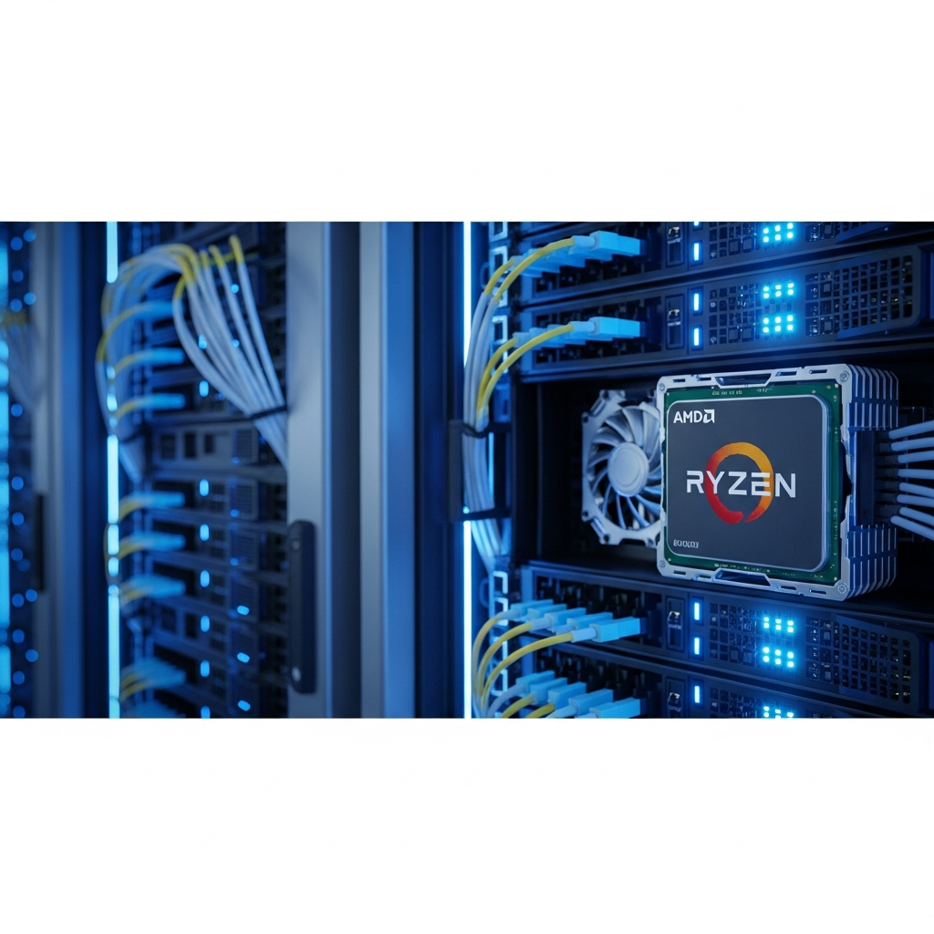 Professional data center server rack with glowing blue LED indicators, fiber optic cables neatly organized, close-up shot of AMD Ryzen processor with cooling system, clean futuristic environment with depth of field
