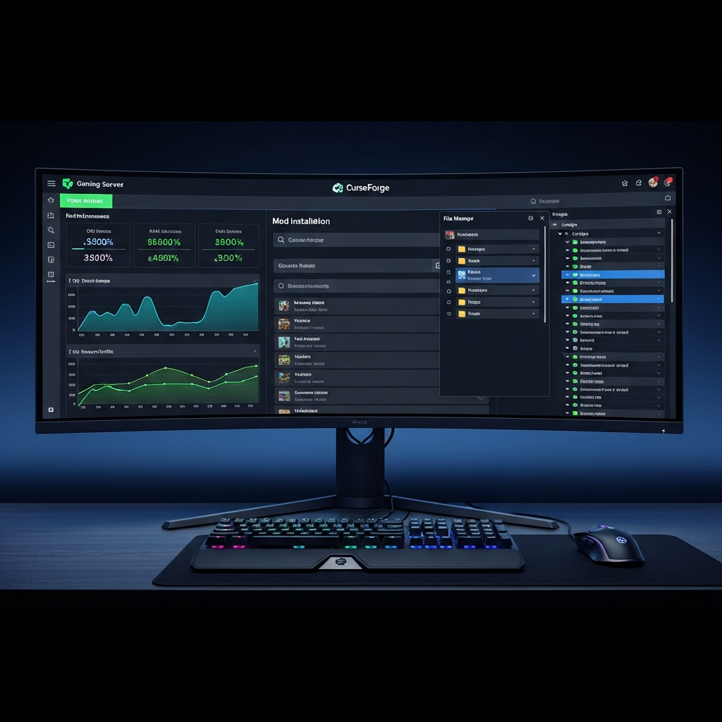 Professional gaming server control panel interface displayed on modern ultrawide monitor, showing real-time performance graphs, mod installation interface with CurseForge integration, file manager with configuration files, dark theme UI with neon accents, keyboard and mouse visible