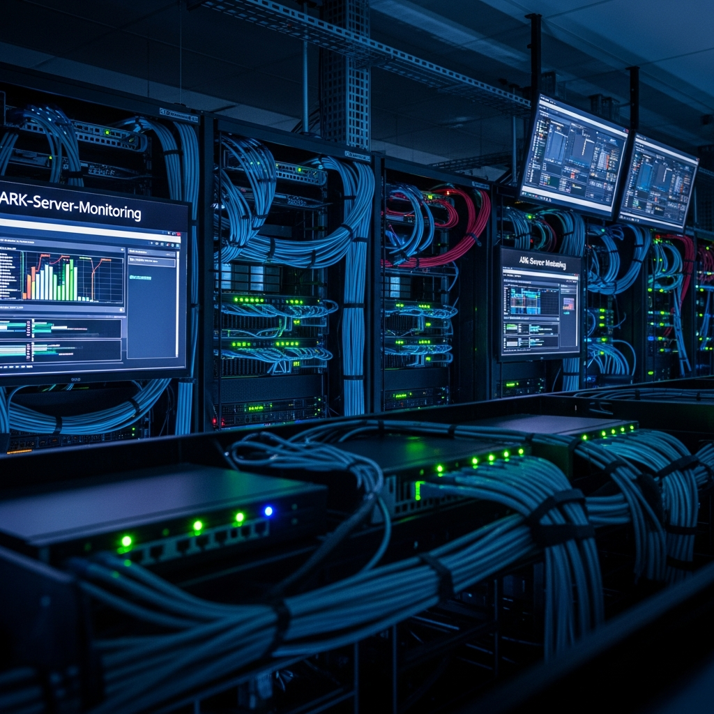 Professionelles Rechenzentrum mit Serverracks in Detailaufnahme, beleuchtete Netzwerkkabel und blinkende LEDs, moderne Enterprise-Hardware mit ARK-Server-Monitoring auf mehreren Bildschirmen sichtbar, technische Atmosphäre mit Fokus auf Hochleistungs-Gaming-Infrastruktur