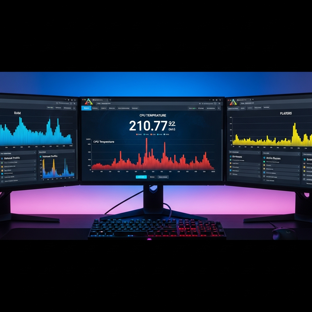 Professionelles Server-Dashboard auf drei Monitoren, zeigt Live-Performance-Grafiken für ARK Survival Ascended mit CPU-Temperatur, RAM-Auslastung, Netzwerktraffic und Spieleranzahl in Echtzeit, moderner Gaming-Arbeitsplatz mit RGB-Beleuchtung und mechanischer Tastatur, fotorealistischer Fokus auf die Monitoring-Software