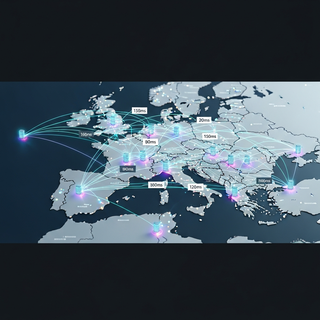 Realistische Netzwerk-Topologie-Visualisierung mit Server-Standorten auf einer Europa-Karte, leuchtende Verbindungslinien, Ping-Zeiten als Overlay, professionelle Infografik-Ästhetik, scharfe Details
