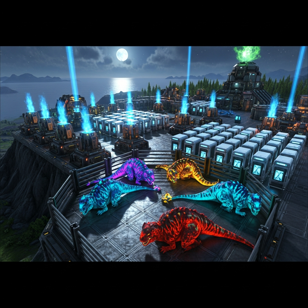 Renderizado fotorrealista de una base avanzada en ARK Ascended con estructuras tek brillantes, cryo fridges, generadores tek activos, Rexes mutados con colores vibrantes descansando en un corral metálico, vista aérea nocturna con iluminación volumétrica
