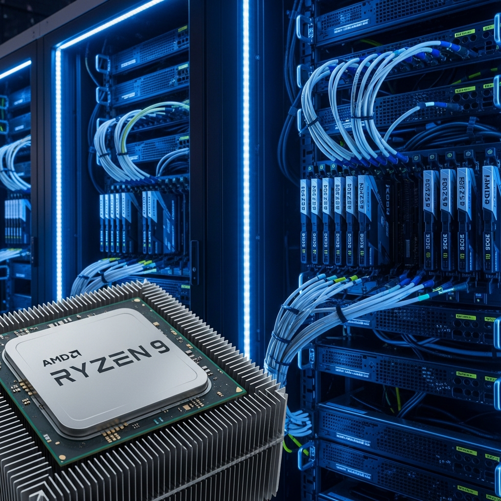 Sala de servidores de alto rendimiento con racks iluminados mostrando servidores AMD Ryzen 9 7950X3D con módulos de RAM DDR5 ECC instalados y luces LED azules, primer plano de un procesador con disipador de calor avanzado, cables de red organizados, ambiente profesional oscuro con tonos tecnológicos