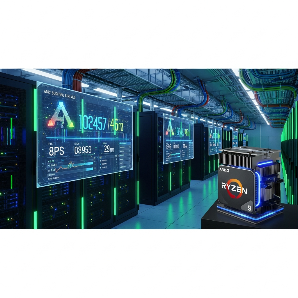 Sala de servidores futurista con racks de servidores gaming iluminados en azul y verde, pantallas mostrando métricas de rendimiento de ARK, cables de red organizados y detalle de procesador AMD Ryzen 9 en primer plano con disipador de calor activo