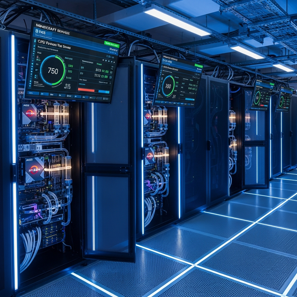 Sala de servidores moderna con racks iluminados en azul neón, procesadores AMD Ryzen visibles con sistemas de refrigeración líquida, pantallas mostrando métricas de rendimiento de servidores Minecraft, ambiente tecnológico y fotorrealista