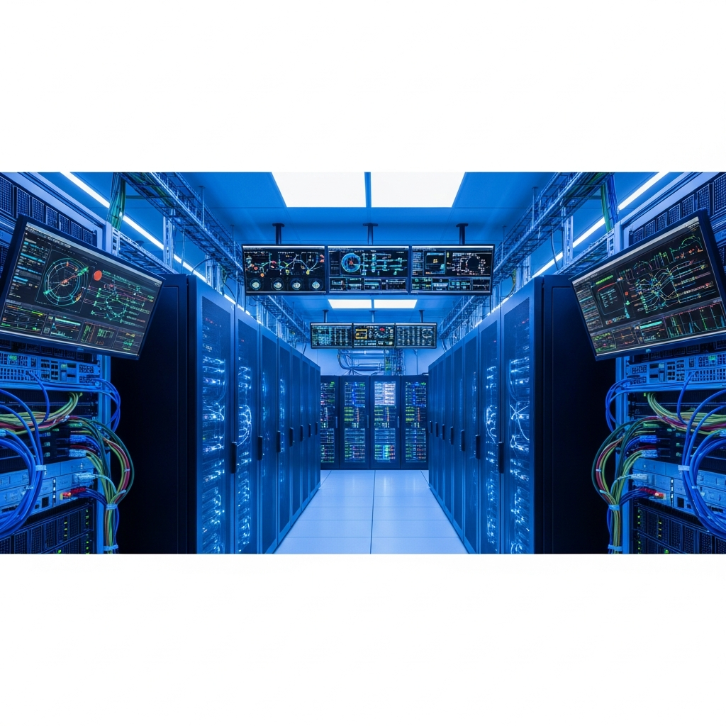Salle de serveur moderne avec rangées d'équipements informatiques haute performance, éclairage LED bleu, câbles réseau organisés, écrans affichant des métriques de performance en temps réel, ambiance professionnelle et technologique
