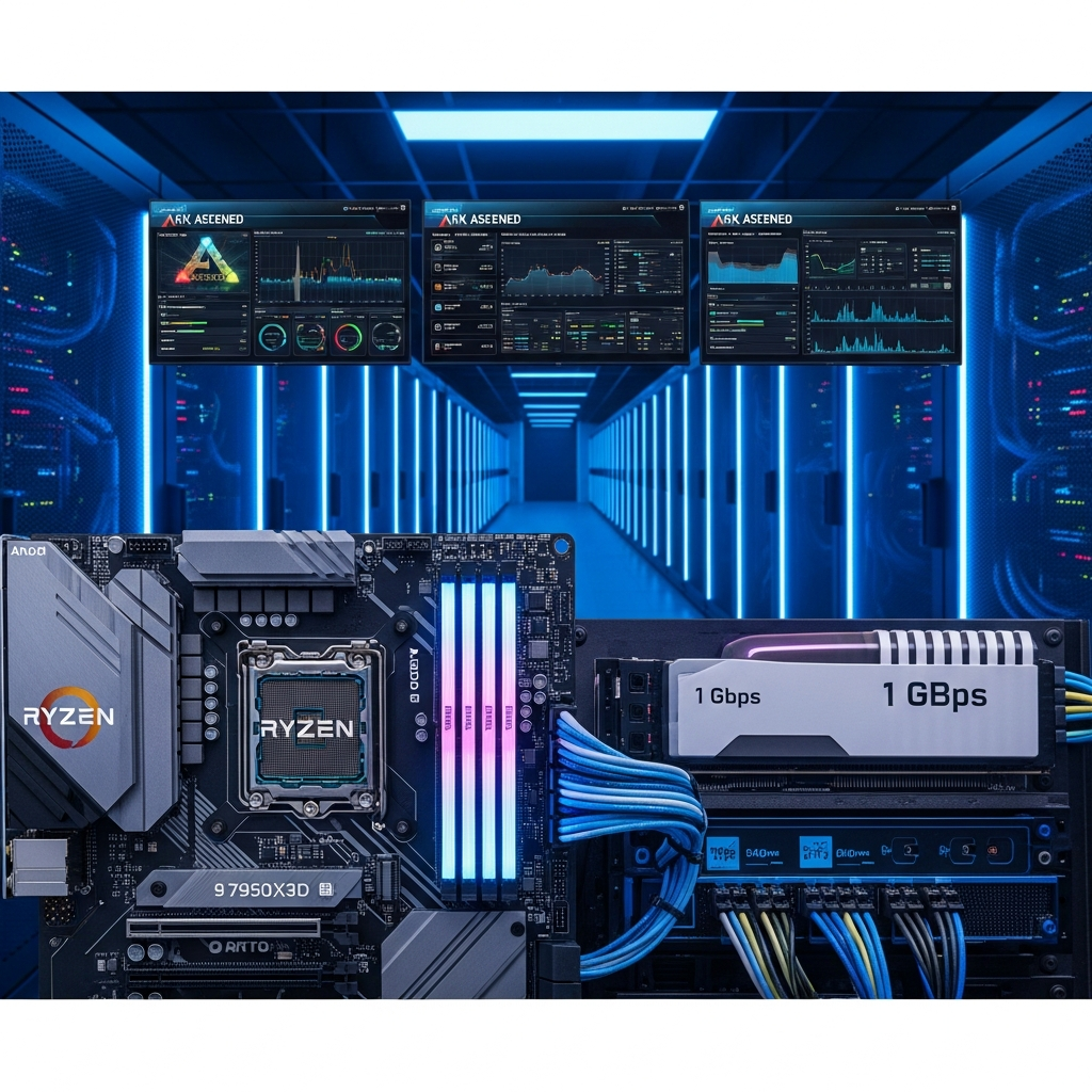 Salle serveur ultra-moderne avec racks illuminés en bleu, processeurs AMD Ryzen 9 7950X3D en gros plan sur une carte mère ATX, barrettes RAM DDR5 RGB parfaitement alignées, SSD NVMe Gen4 connectés, câblage réseau professionnel 1 Gbps, écrans affichant monitoring de performances ARK Ascended, ambiance high-tech photoréaliste