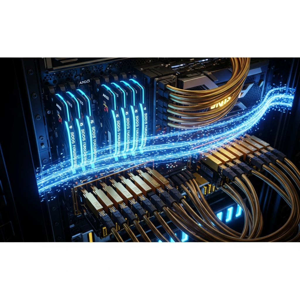 Schéma technique photoréaliste en 3D d'un rack datacenter montrant un serveur AMD Ryzen 9 7950X3D avec modules RAM DDR5 éclairés en bleu, SSD NVMe M.2 dorés, câbles réseau et flux de données lumineux, ambiance high-tech futuriste