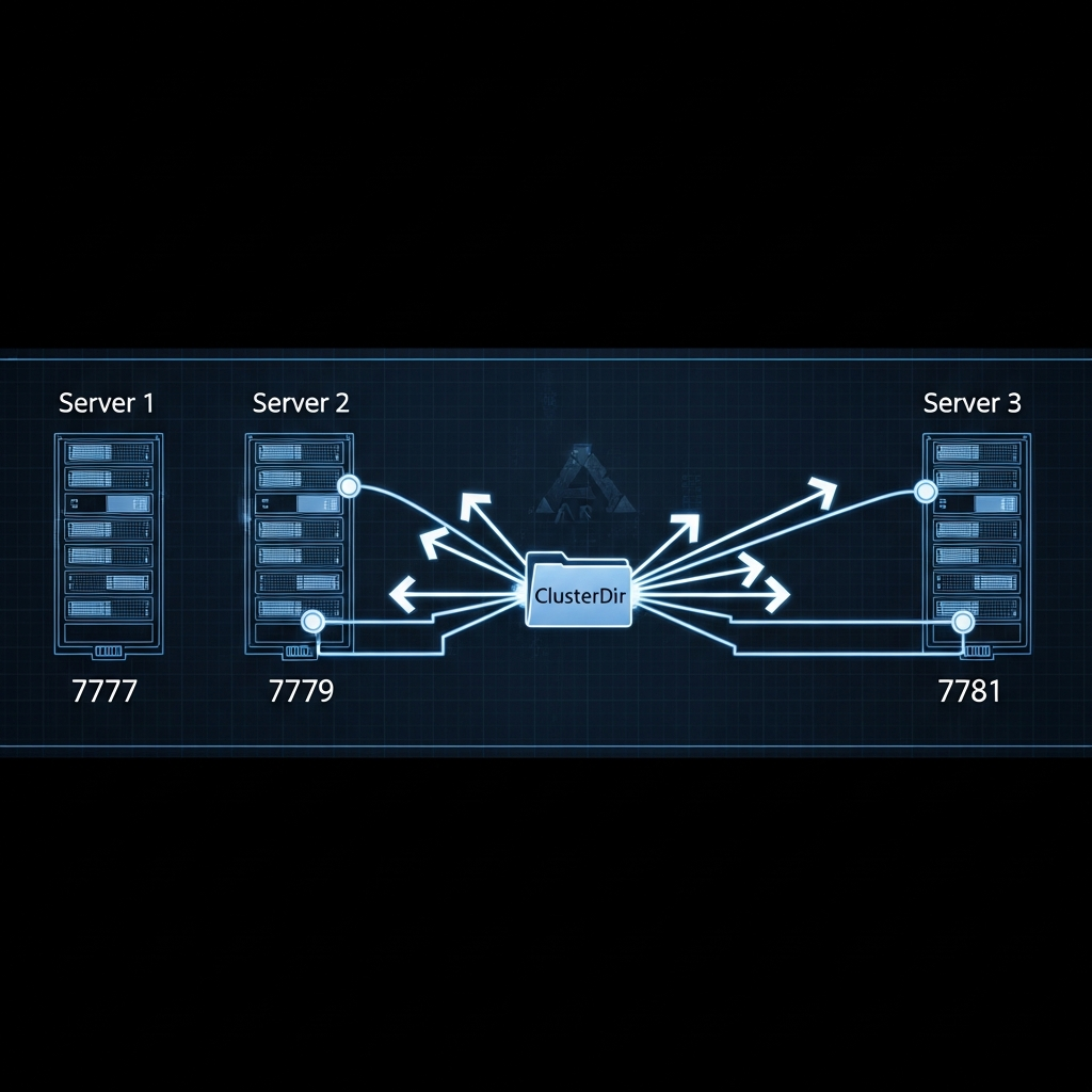 Schéma technique photoréaliste illustrant l'architecture réseau d'un cluster ARK Survival Ascended, avec trois serveurs reliés via un dossier ClusterDir central, flèches de transfert bidirectionnelles, et indicateurs de ports réseau (7777, 7779, 7781) clairement annotés