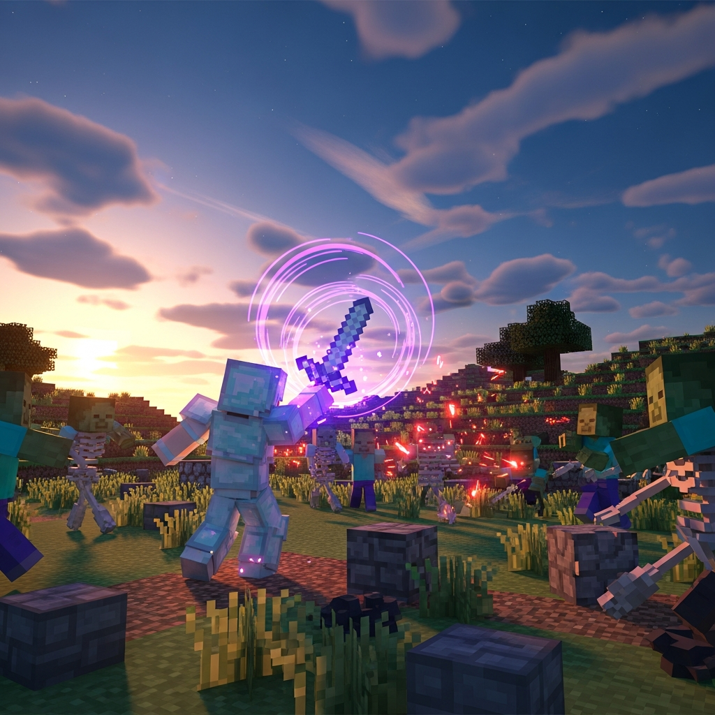 Scène de combat dynamique en vue troisième personne montrant un personnage Minecraft en armure de diamant brandissant une épée en diamant enchantée émettant des particules violettes, face à un groupe de zombies et de squelettes dans une plaine au crépuscule, avec des effets de particules de dégâts et de recul visibles