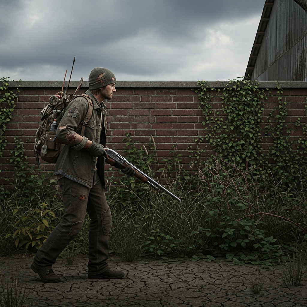Scène photoréaliste d'un survivant seul progressant furtivement le long d'un mur de brique délavé d'un hangar agricole abandonné, fusil de chasse en main, végétation envahissante, ciel nuageux menaçant, détails hyperréalistes sur l'équipement usé et le sac à dos rapiécé