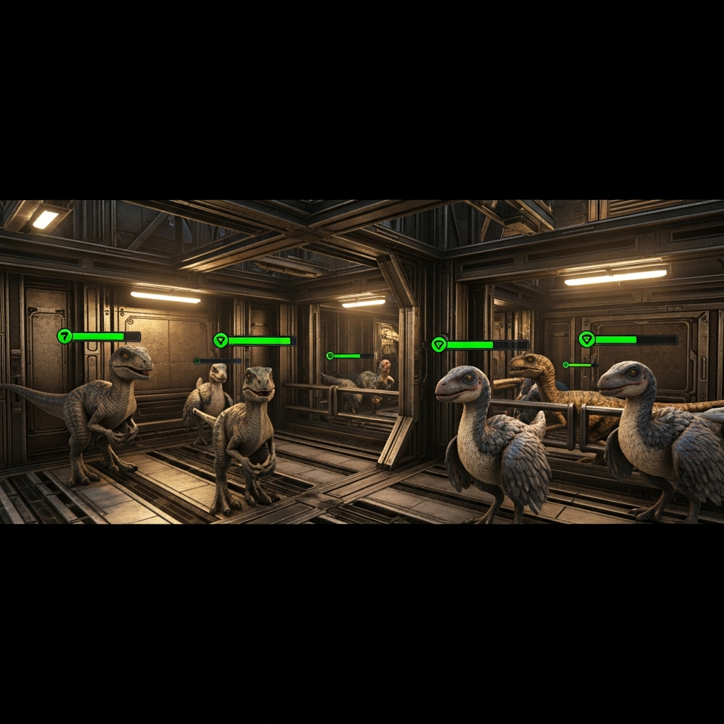 Scène photoréaliste in-game ARK Survival Ascended montrant une nurserie de bébés dinosaures (Raptors, Argentavis) avec barres de croissance visibles au-dessus de chaque créature, structures en métal, éclairage tamisé ambré, vue à la troisième personne, rendu Unreal Engine 5