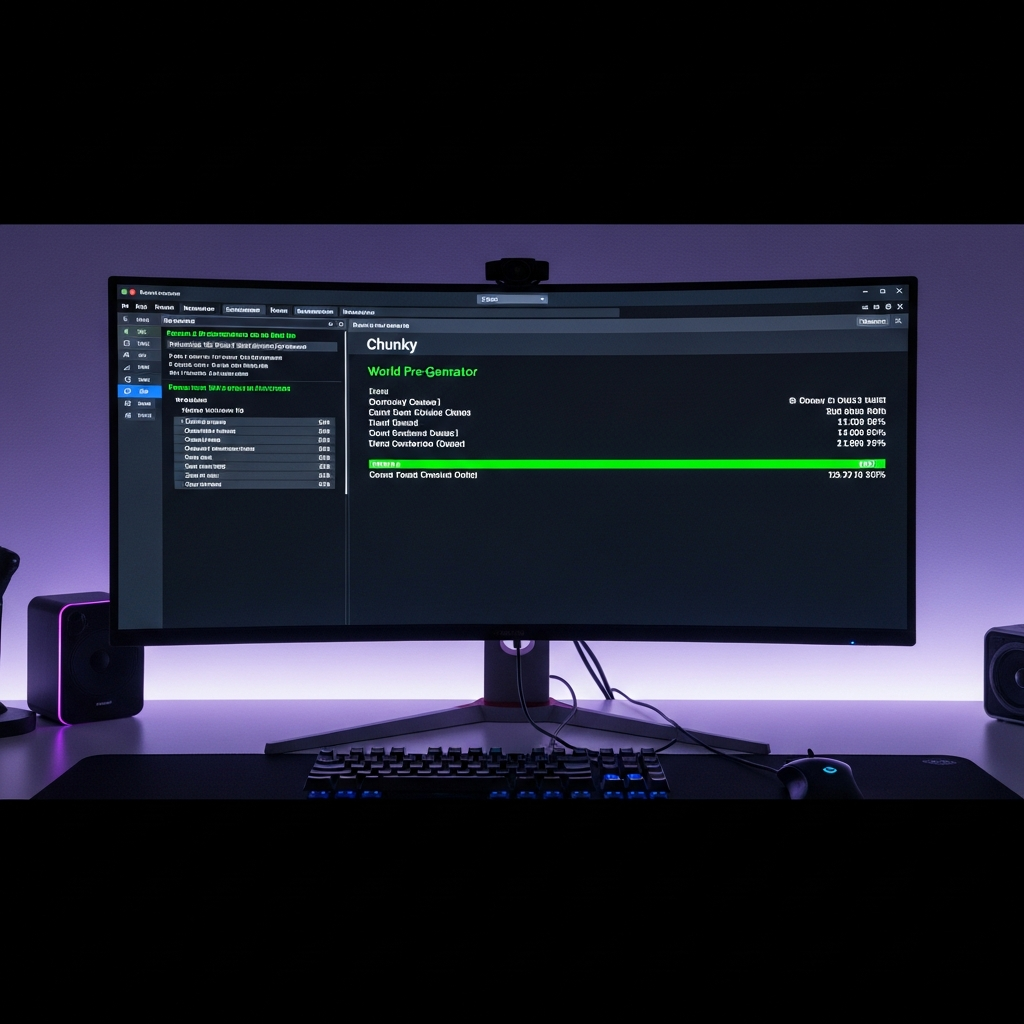 Screenshot einer Minecraft-Server-Konsole auf einem modernen Ultrawide-Monitor, die den Fortschritt von Chunky beim Pre-Generieren zeigt, grüner und weißer Text, dunkler Hintergrund, fotorealistisch, scharfe Schrift, professionelle Gaming-Umgebung